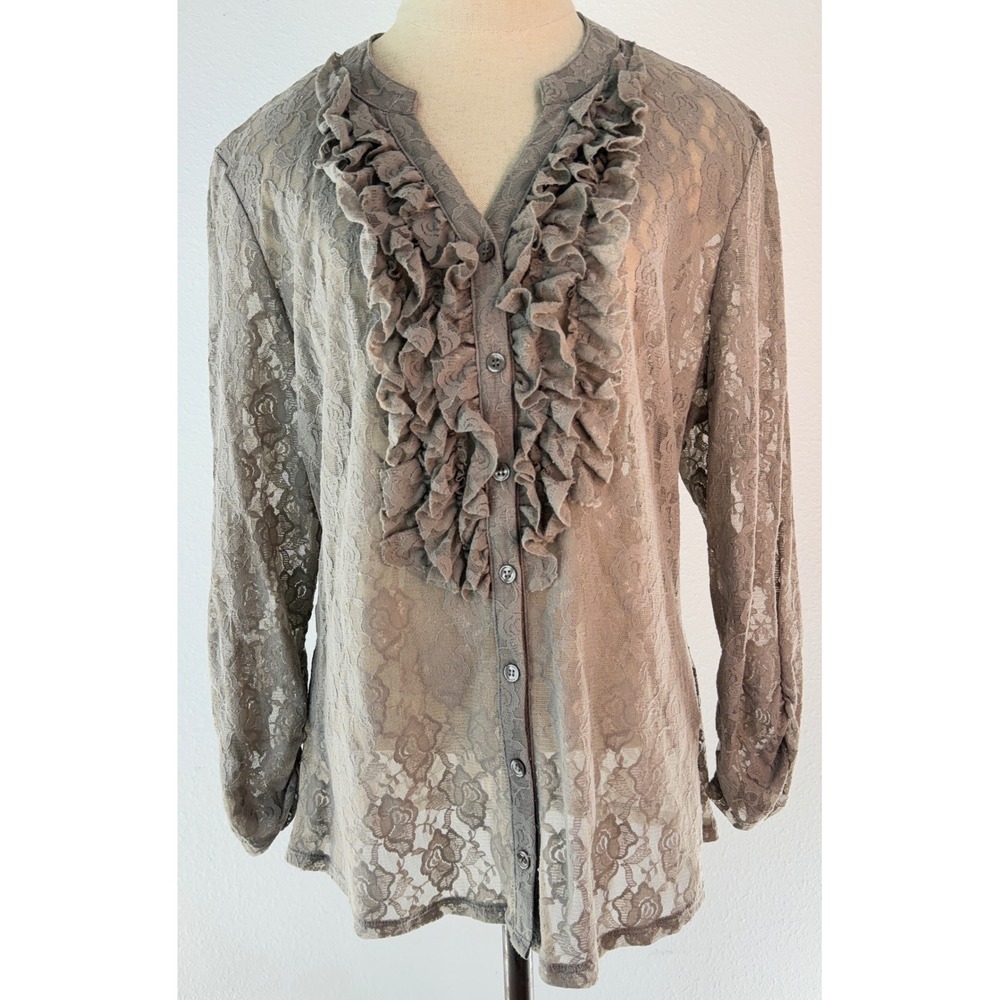 Y2K Style & Co Lace Ruffle Trim Top Tan Sheer Nylon Button Front Cottage Indie